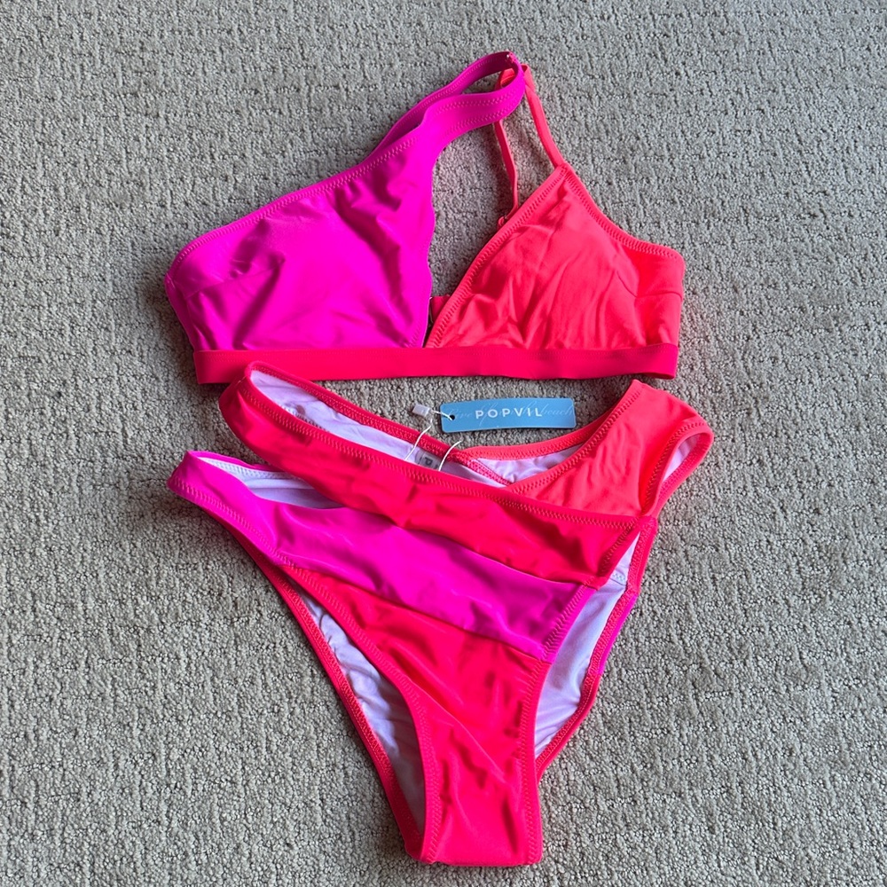 Popvil Pink and Orange Women Swim Bikini Neon Cut Out One Shoulder Size Small